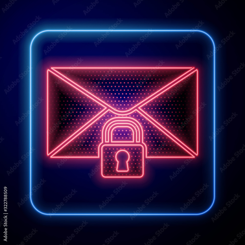 Glowing neon Mail message lock password icon isolated on blue background. Envelope with padlock. Pri