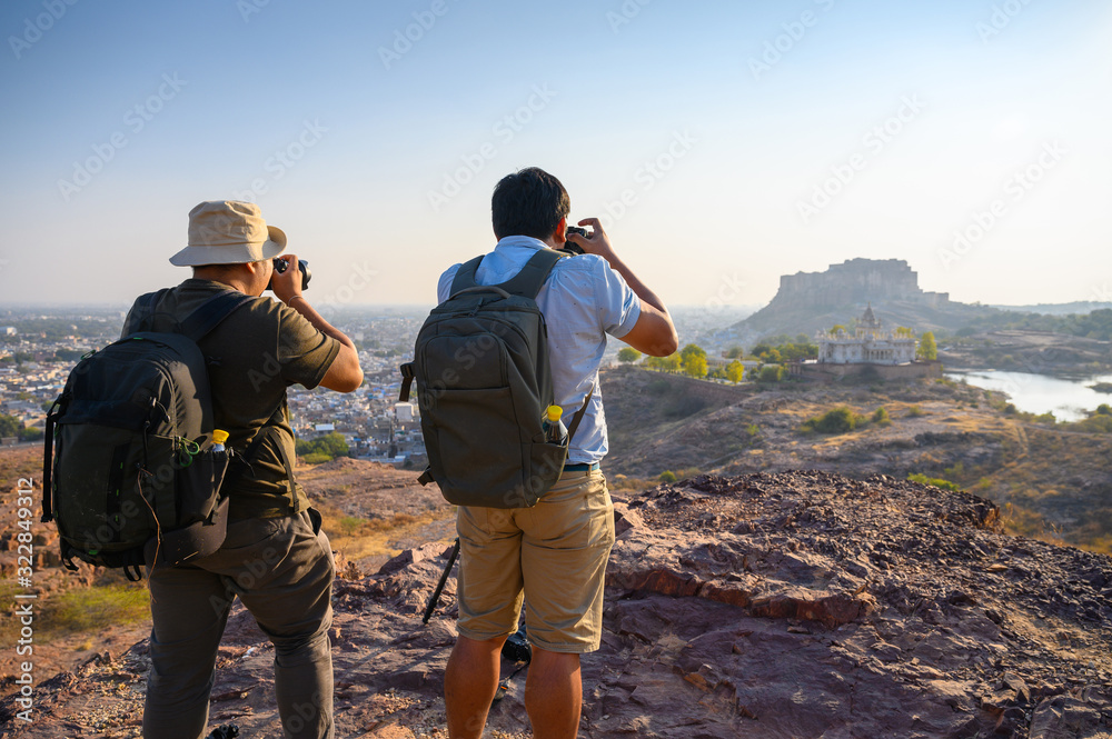 Photographers capturing view of Jaswant Thada and Mehrangarh Fort in Jodhpur city in Rajasthan, Indi