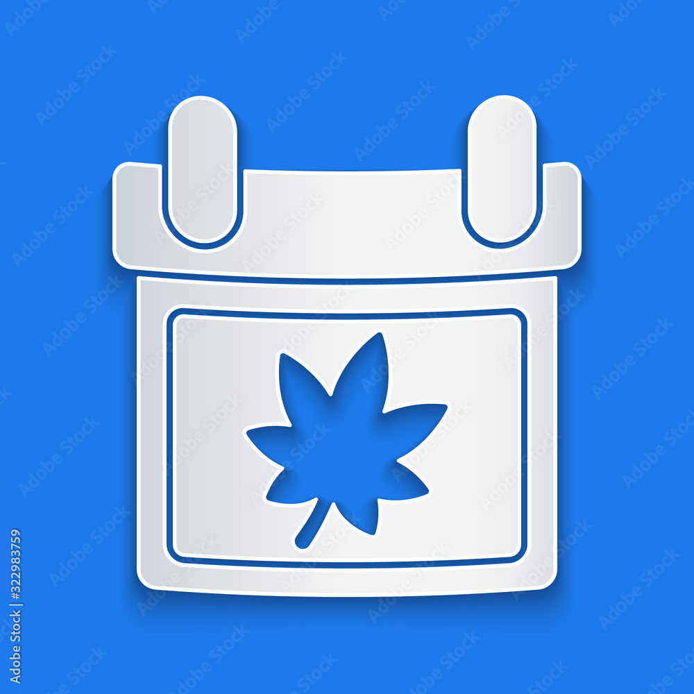 Paper cut Calendar with autumn leaves icon isolated on blue background. Paper art style. Vector Illu