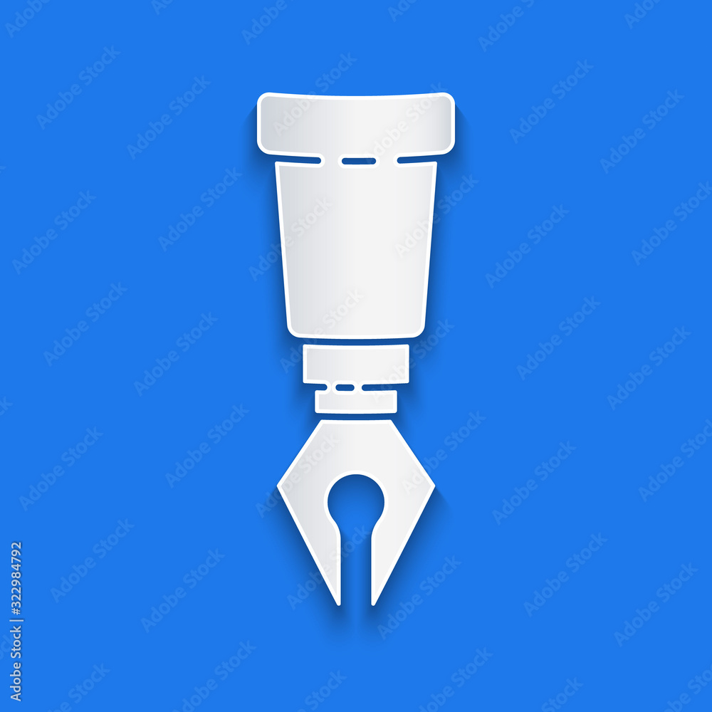 Paper cut Fountain pen nib icon isolated on blue background. Pen tool sign. Paper art style. Vector 