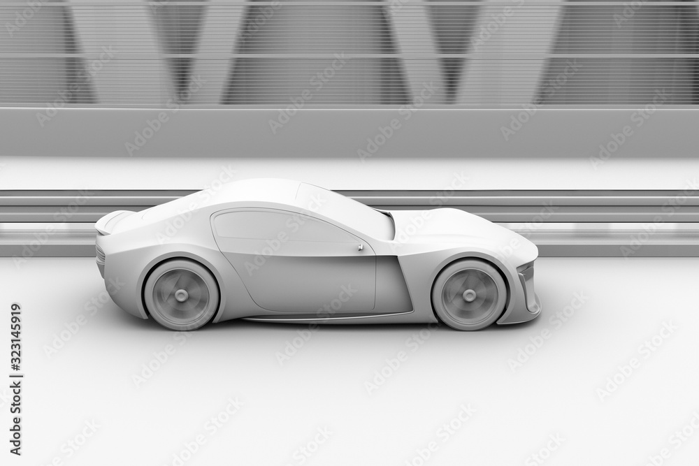 电动运动跑车在高速公路上行驶的粘土渲染图。3D渲染图。