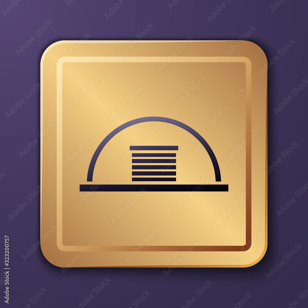Purple Hangar icon isolated on purple background. Gold square button. Vector Illustration