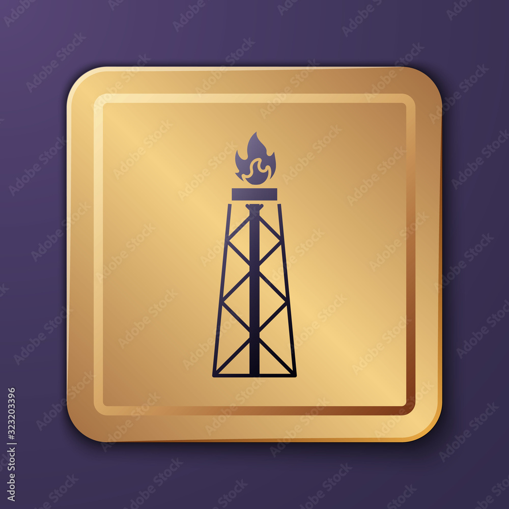 紫色石油钻井平台，紫色背景上有隔离的消防图标。天然气塔。工业物体。金色鳞片