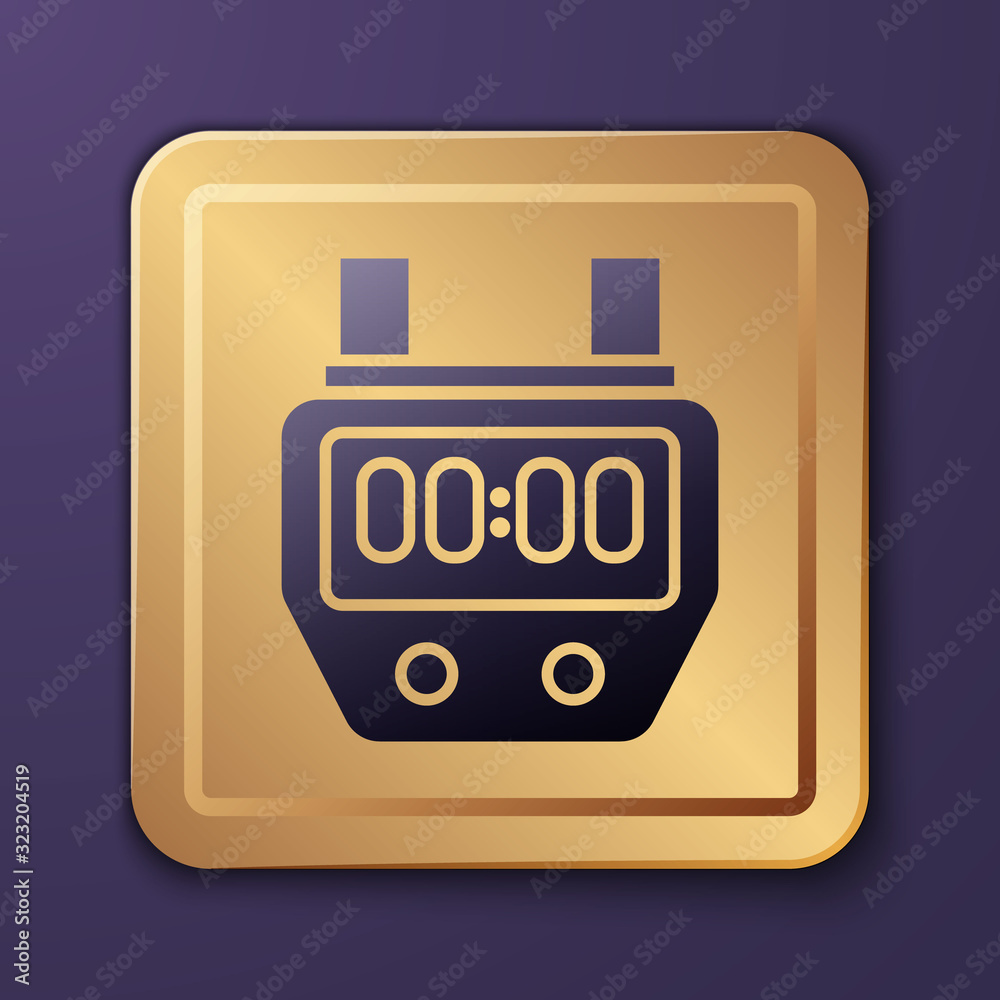 Purple Stopwatch icon isolated on purple background. Time timer sign. Chronometer sign. Gold square 