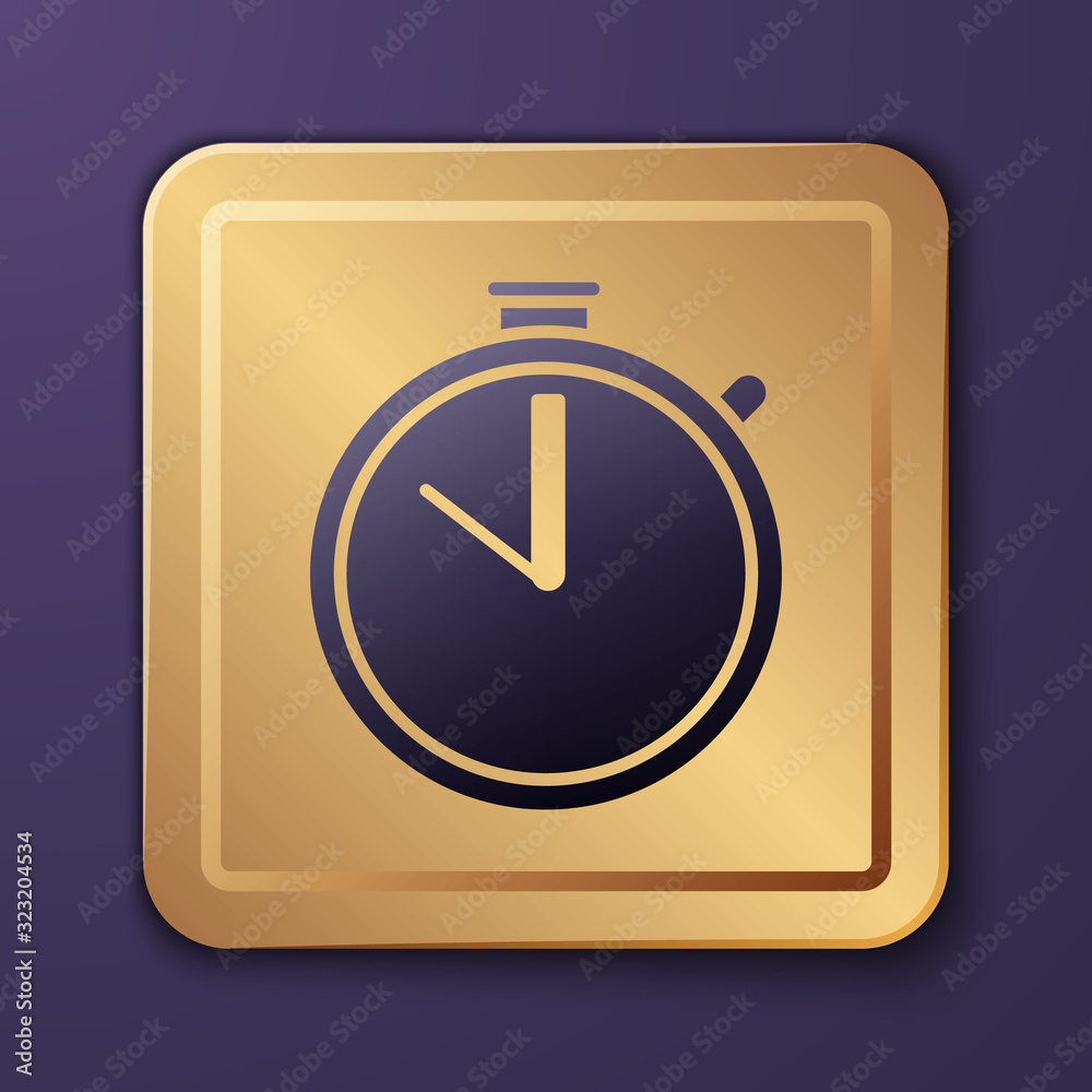 Purple Stopwatch icon isolated on purple background. Time timer sign. Chronometer sign. Gold square 