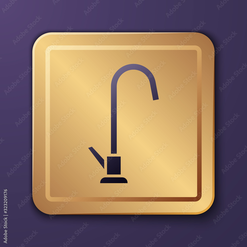 Purple Water tap icon isolated on purple background. Gold square button. Vector Illustration