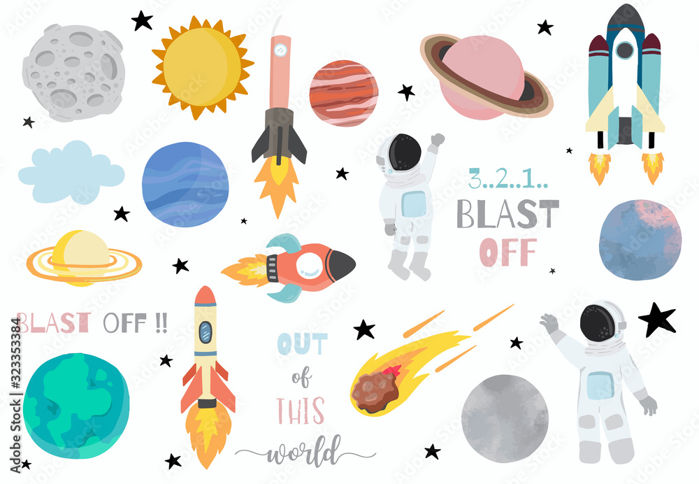 带有行星、宇航员、月球、太阳的卡通物体空间集合。图标、标志、sti的矢量插图