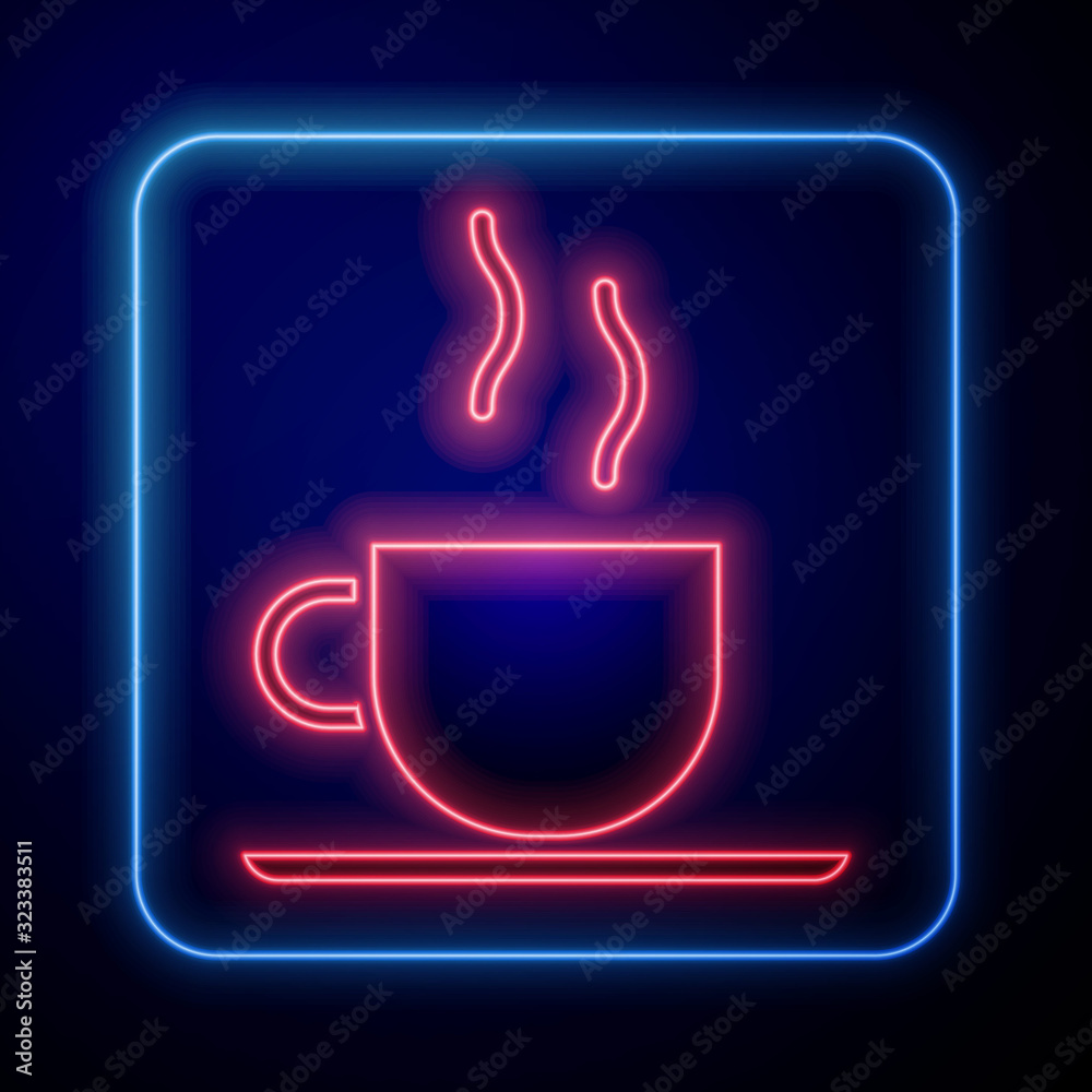 蓝色背景上隔离的发光霓虹灯咖啡杯图标。茶杯。热饮咖啡。Vector Illustr