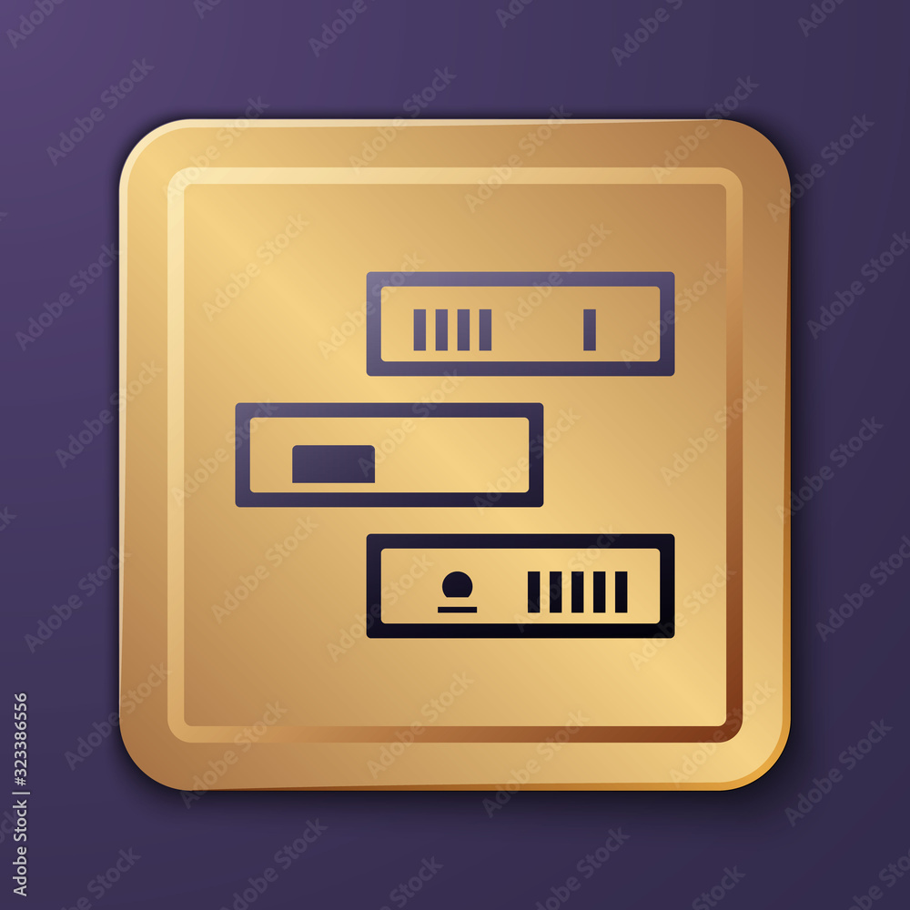 Purple Shelf with books icon isolated on purple background. Shelves sign. Gold square button. Vector