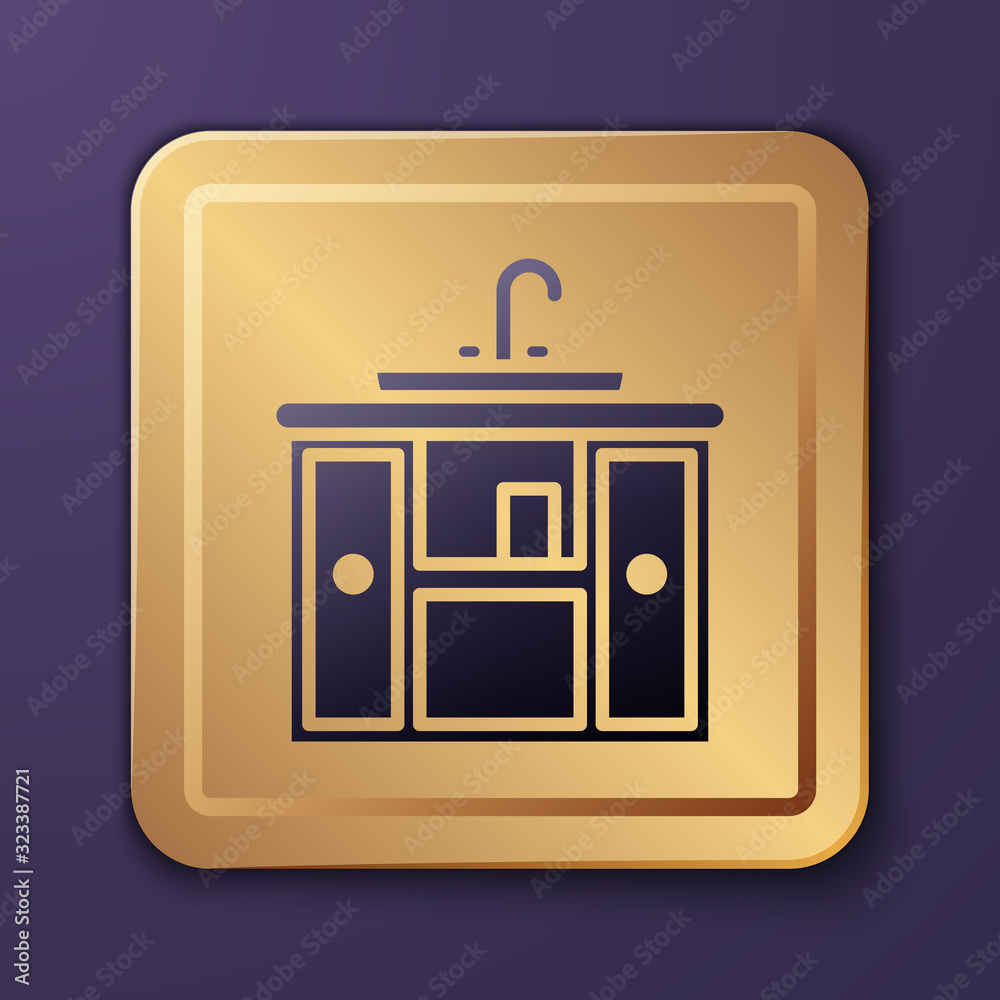 紫色洗手盆柜，紫色背景上隔离有水龙头图标。金色方形按钮。面纱