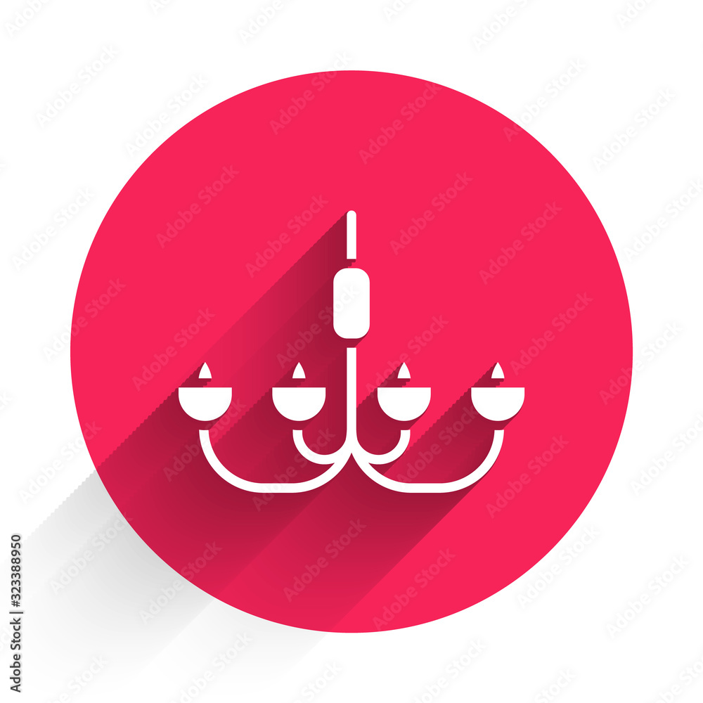 White Chandelier icon isolated with long shadow. Red circle button. Vector Illustration