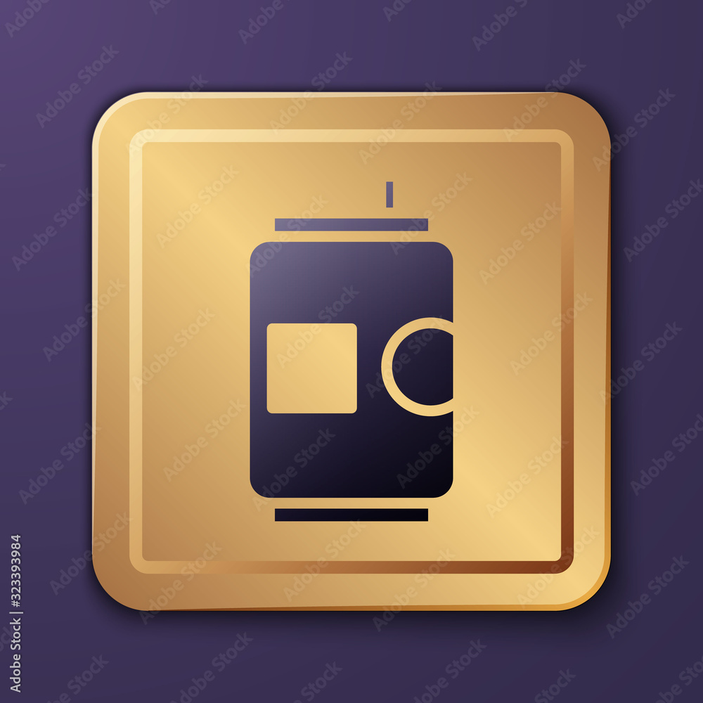 Purple Beer can icon isolated on purple background. Gold square button. Vector Illustration