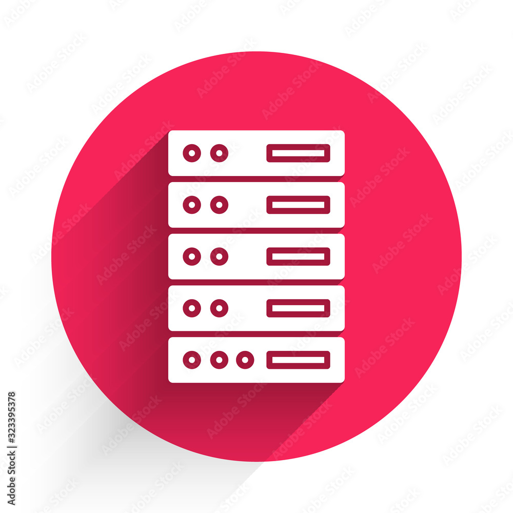 White Server, Data, Web Hosting icon isolated with long shadow. Red circle button. Vector Illustrati