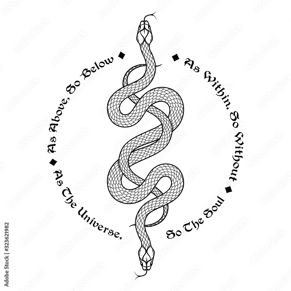 两条蛇交织在一起。铭文是希腊神话和神圣几何中的格言。如上所述，顺其自然