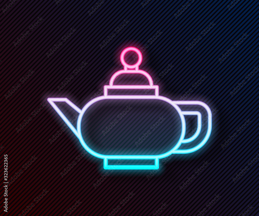闪耀的霓虹灯线条黑色背景下的中国传统茶道图标。铜茶壶