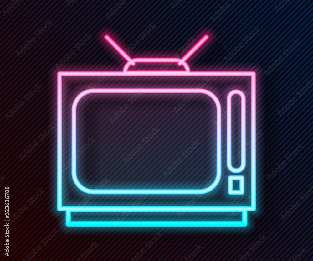 闪亮的霓虹灯线条复古电视图标隔离在黑色背景上。电视标志。矢量插图
