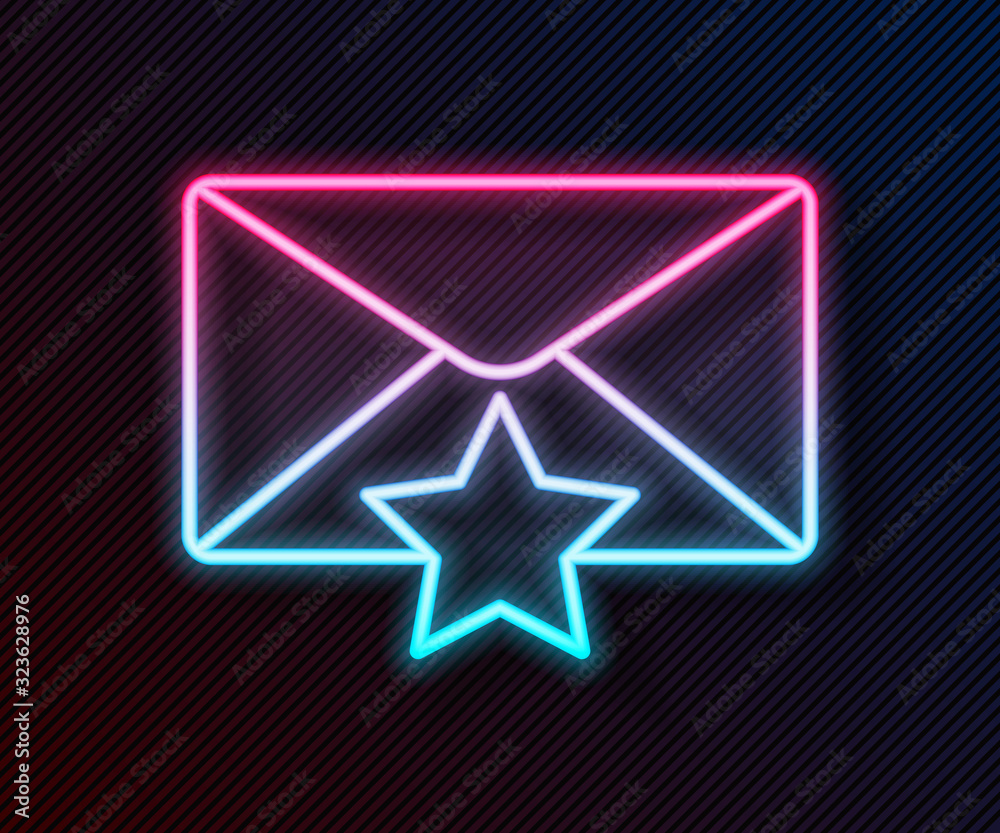 发光的霓虹线信封，黑色背景上有星星图标。重要电子邮件，添加到收藏夹