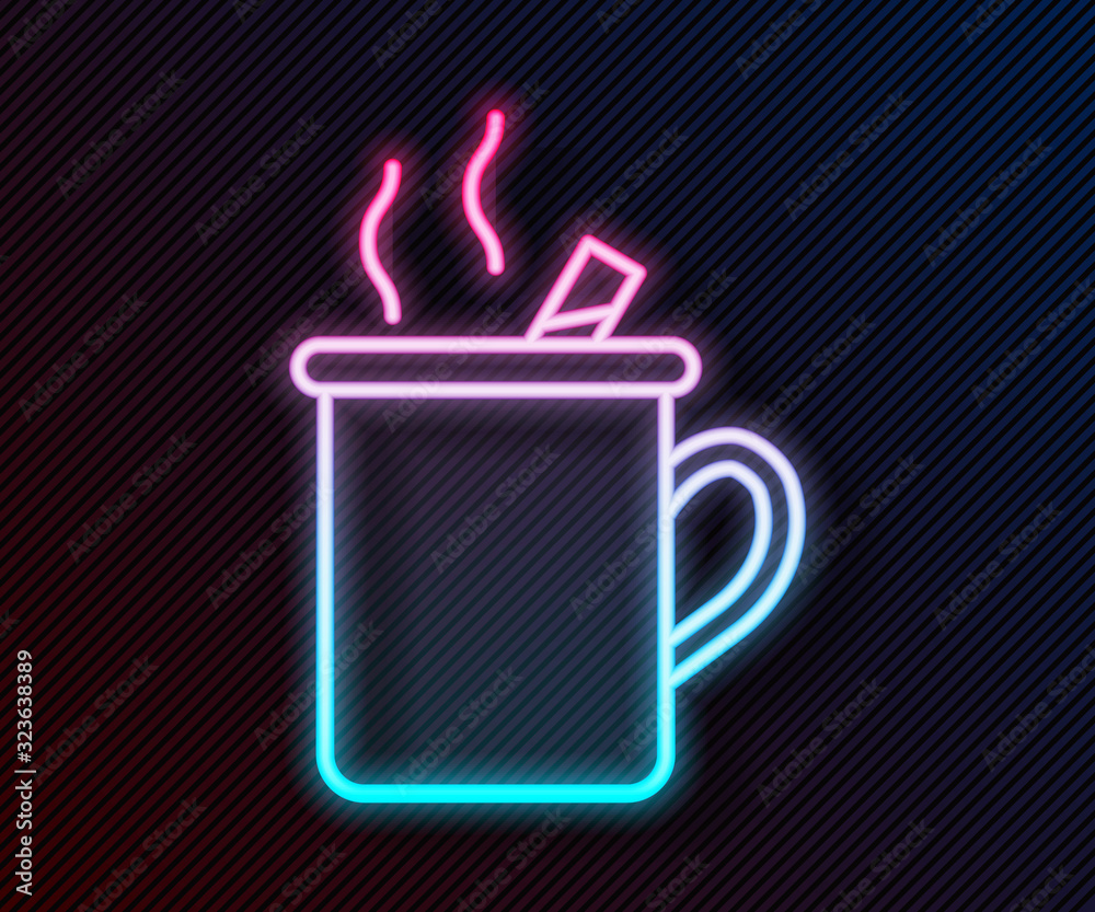 Glowing neon line Mulled wine with glass of drink and ingredients icon isolated on black background.