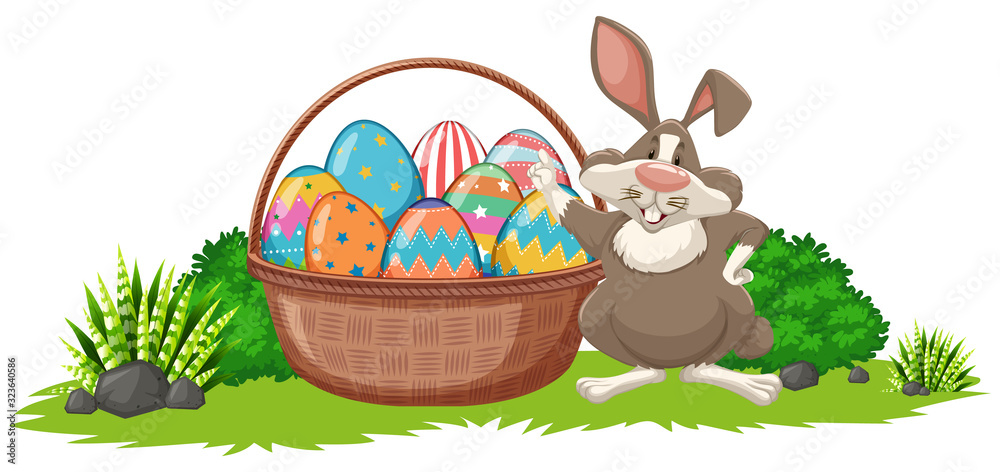 复活节海报设计，兔子和装饰的鸡蛋