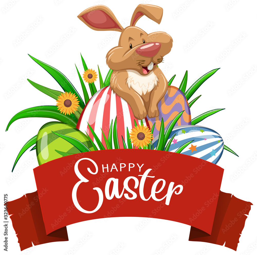 复活节海报设计，花园里有兔子和彩蛋