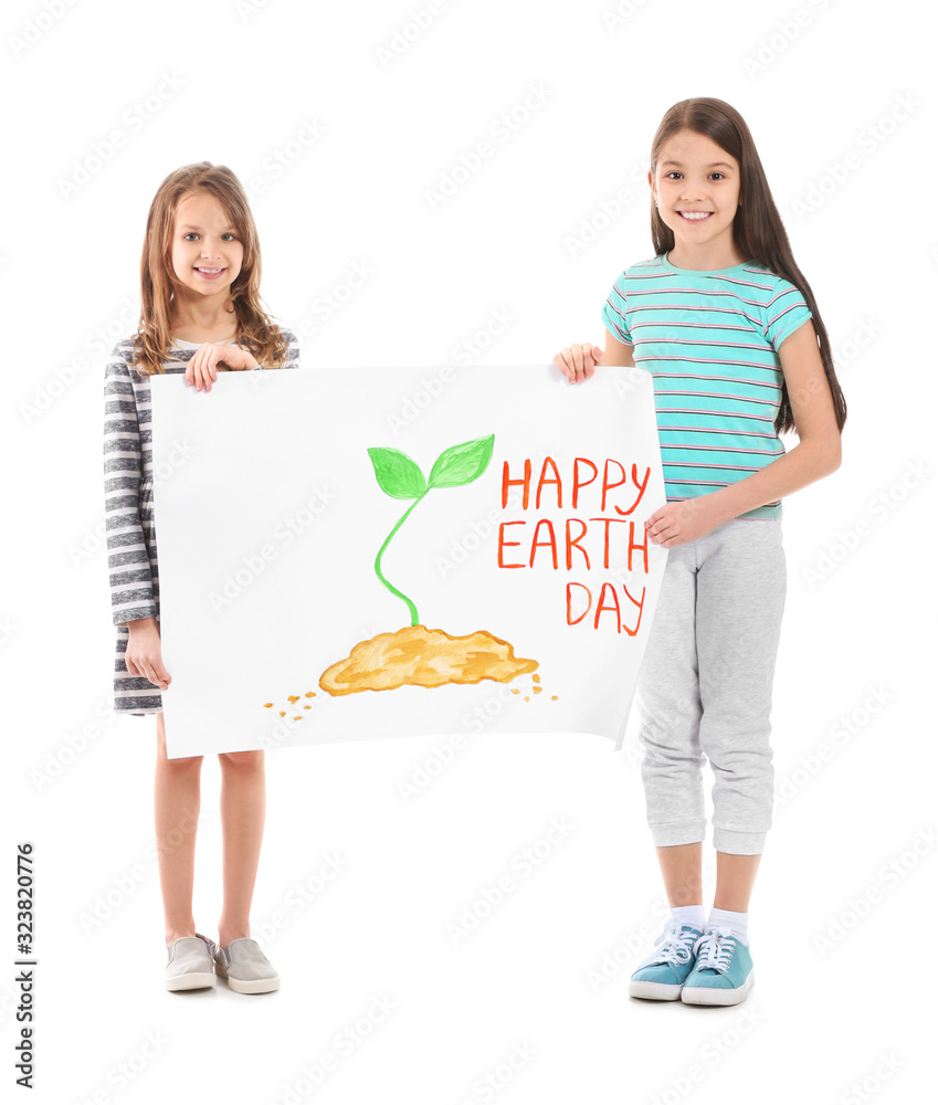 白色背景绘画的小孩。地球日庆祝活动