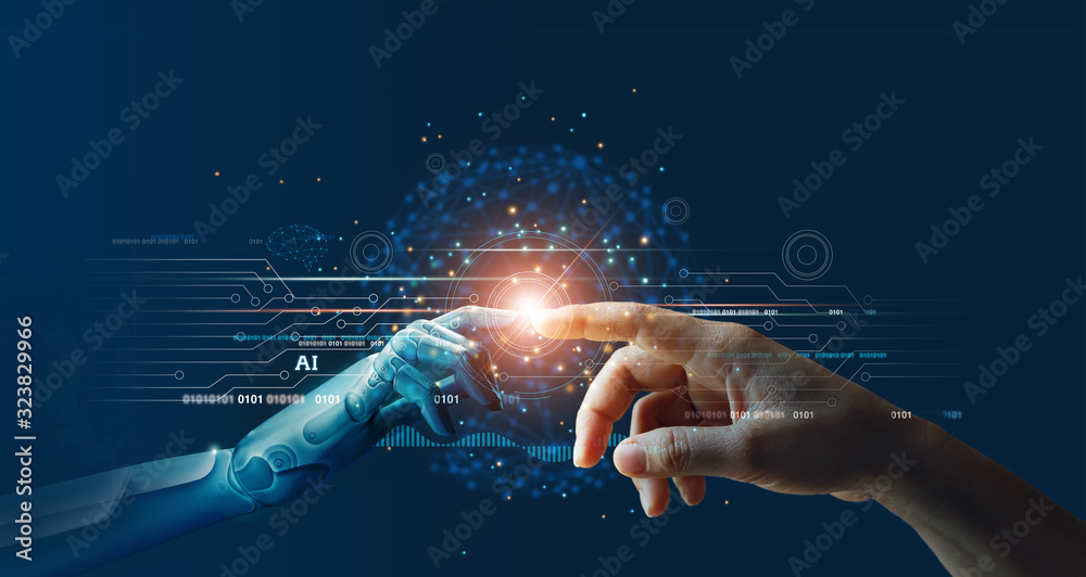 人工智能、机器学习、大数据网络连接背景下的机器人之手和人类触摸，S
