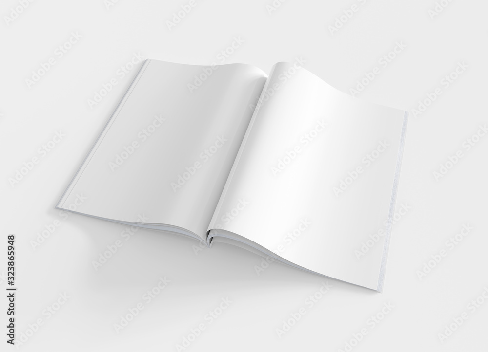 空白打开的杂志页面模型在白色背景3D渲染上隔离