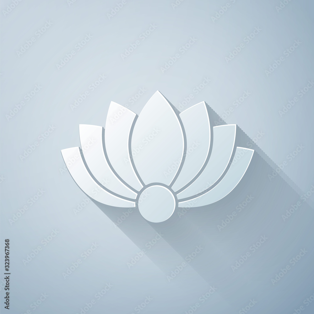 Paper cut Lotus flower icon isolated on grey background. Paper art style. Vector Illustration