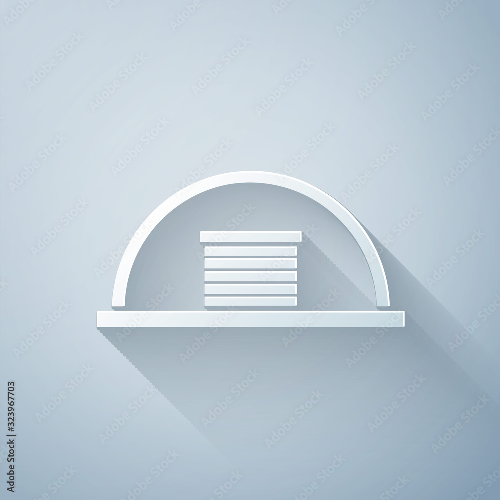 Paper cut Hangar icon isolated on grey background. Paper art style. Vector Illustration
