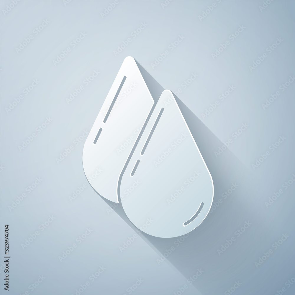 Paper cut Water drop icon isolated on grey background. Paper art style. Vector Illustration