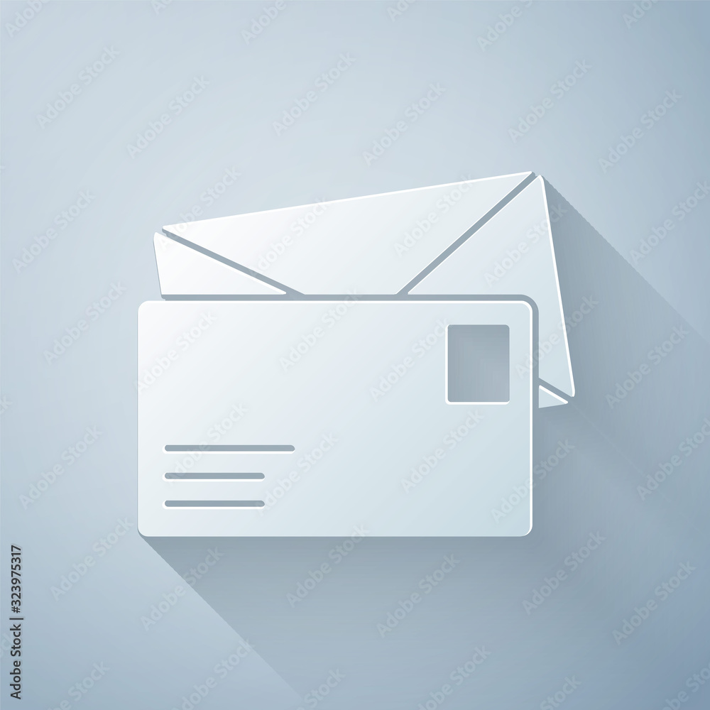 Paper cut Envelope icon isolated on grey background. Email message letter symbol. Paper art style. V