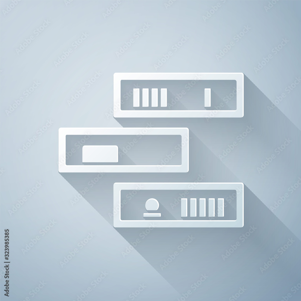 Paper cut Shelf with books icon isolated on grey background. Shelves sign. Paper art style. Vector I