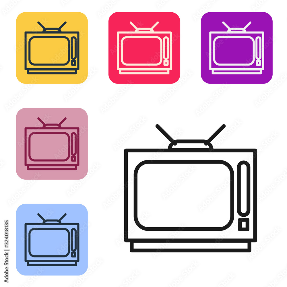 黑色线条复古电视图标隔离在白色背景上。电视标志。将图标设置为彩色方形bu