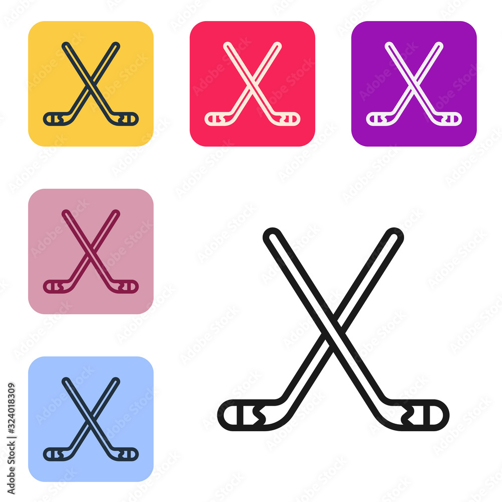 Black line Ice hockey sticks icon isolated on white background. Set icons in color square buttons. V