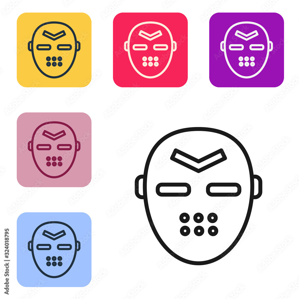 Black line Hockey mask icon isolated on white background. Set icons in color square buttons. Vector 