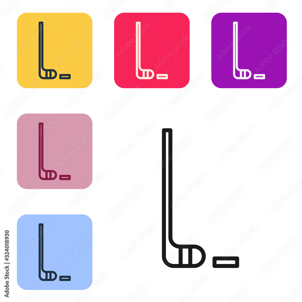 Black line Ice hockey stick and puck icon isolated on white background. Set icons in color square bu