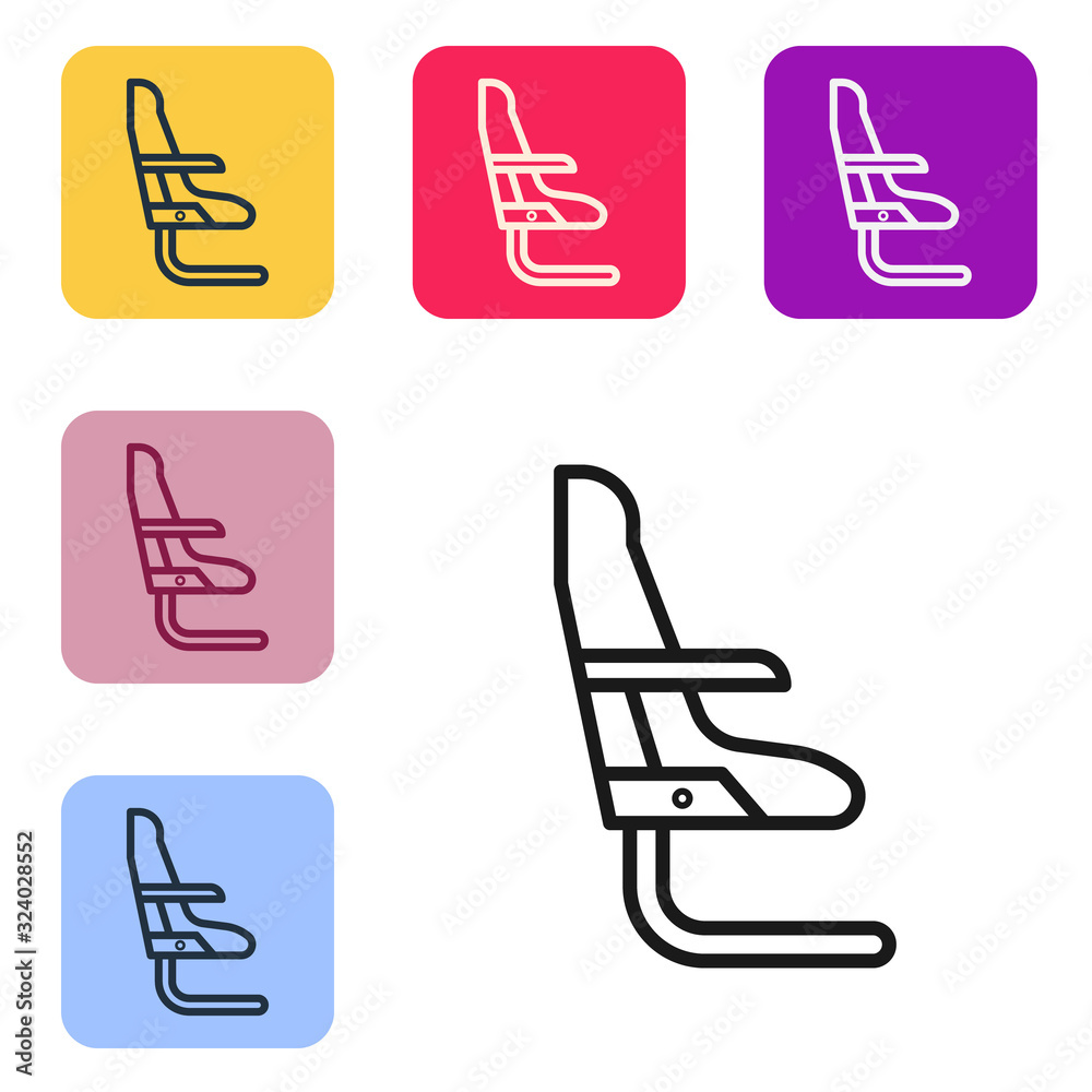 Black line Airplane seat icon isolated on white background. Set icons in color square buttons. Vecto
