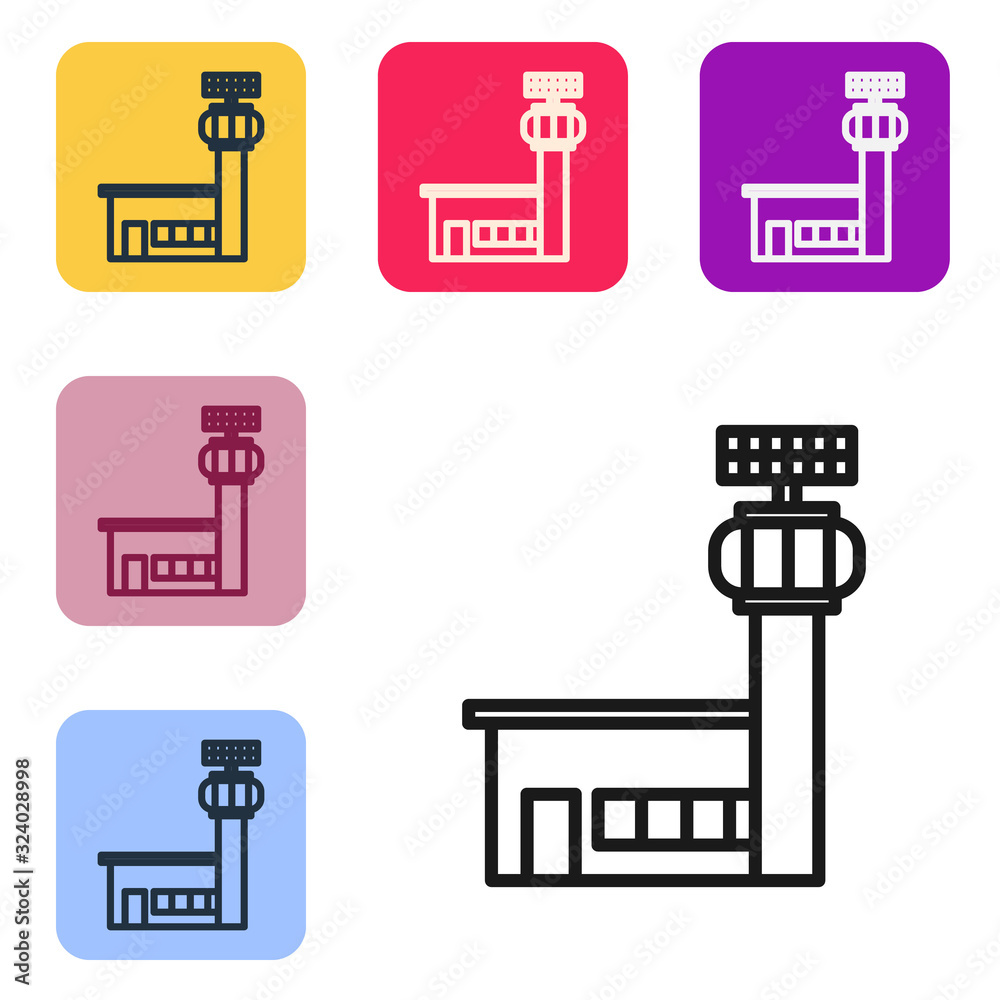 Black line Airport control tower icon isolated on white background. Set icons in color square button