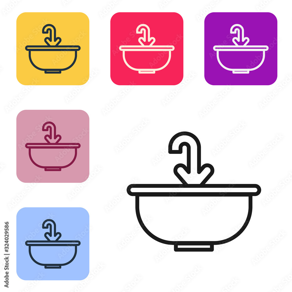 黑色线条洗手盆，白色背景上隔离有水龙头图标。将图标设置为彩色正方形，但