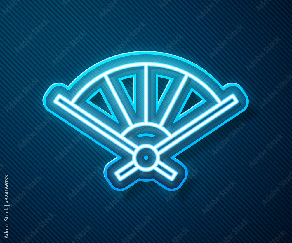 Glowing neon line Traditional paper chinese or japanese folding fan icon isolated on blue background