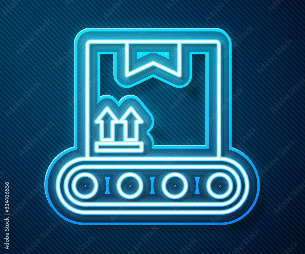 Glowing neon line Conveyor belt with cardboard box icon isolated on blue background. Vector Illustra