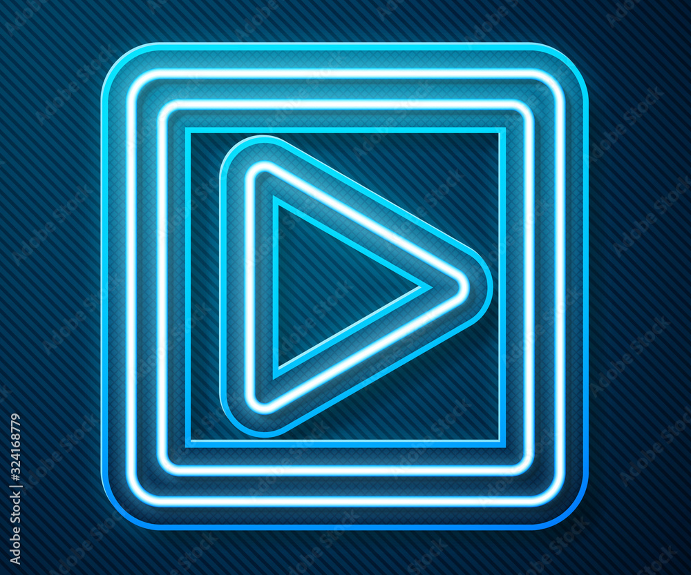 Glowing neon line Play in square icon isolated on blue background. Vector Illustration