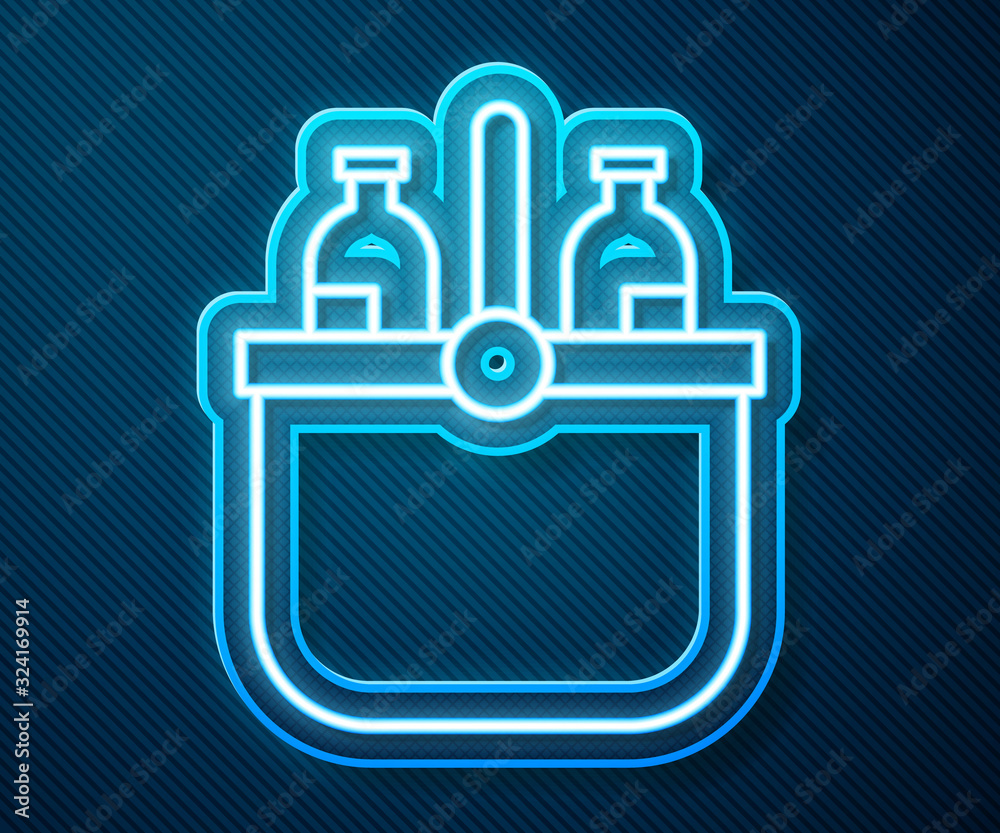 Glowing neon line Cooler bag and water icon isolated on blue background. Portable freezer bag. Handh