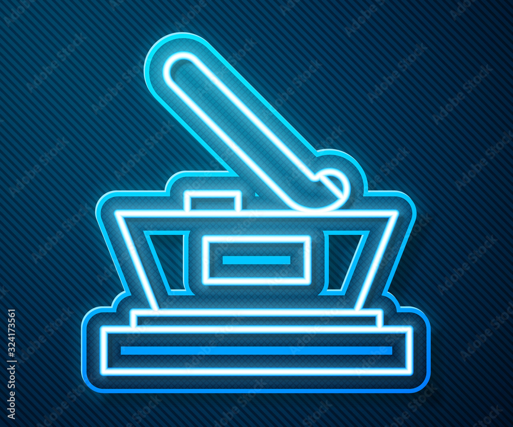 Glowing neon line Ice hockey cup champion icon isolated on blue background. Hockey trophy. Vector Il