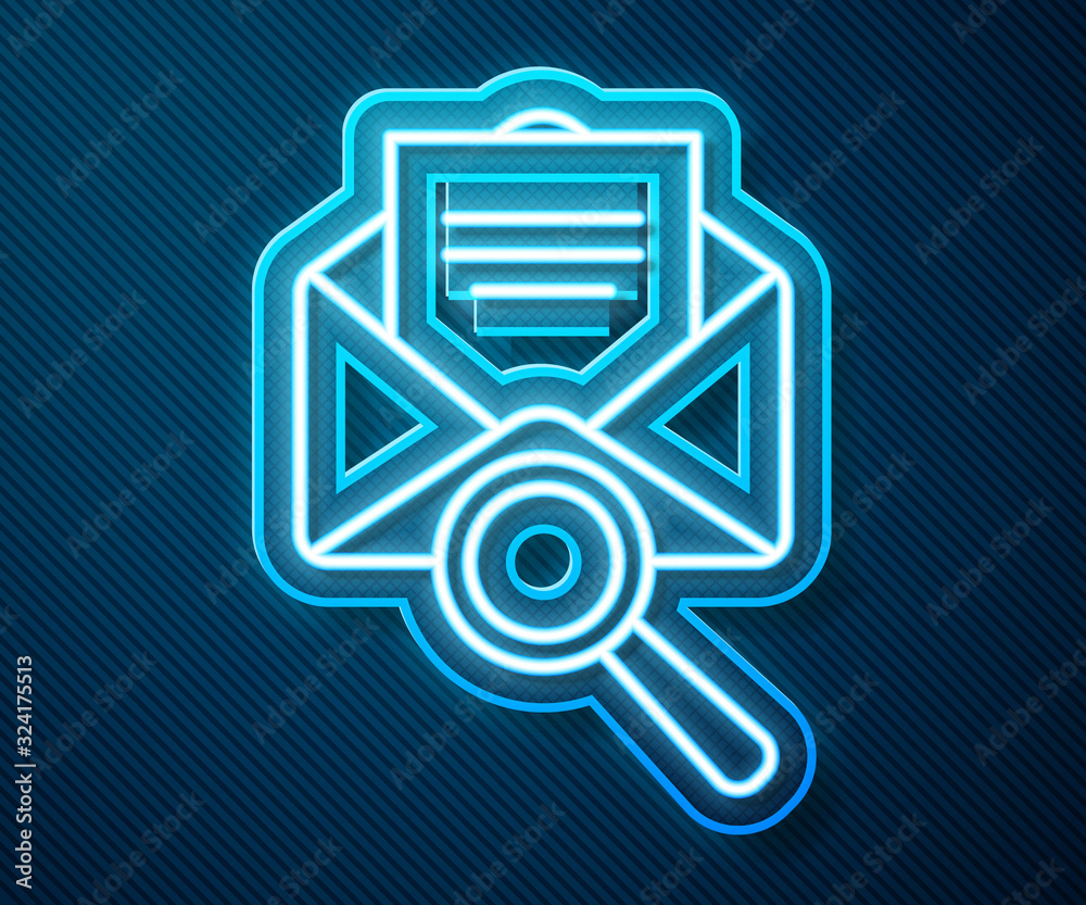 Glowing neon line Envelope mail with magnifying glass icon isolated on blue background. Vector Illus
