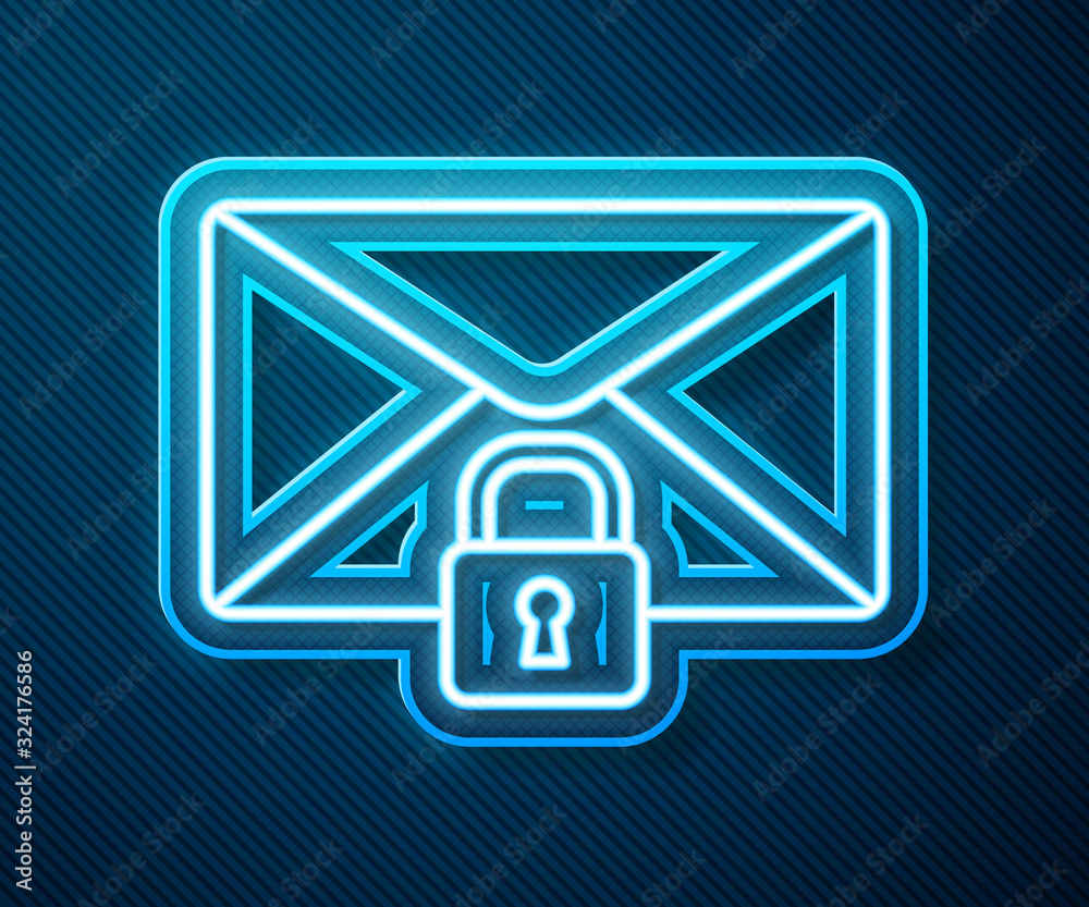 Glowing neon line Mail message lock password icon isolated on blue background. Envelope with padlock