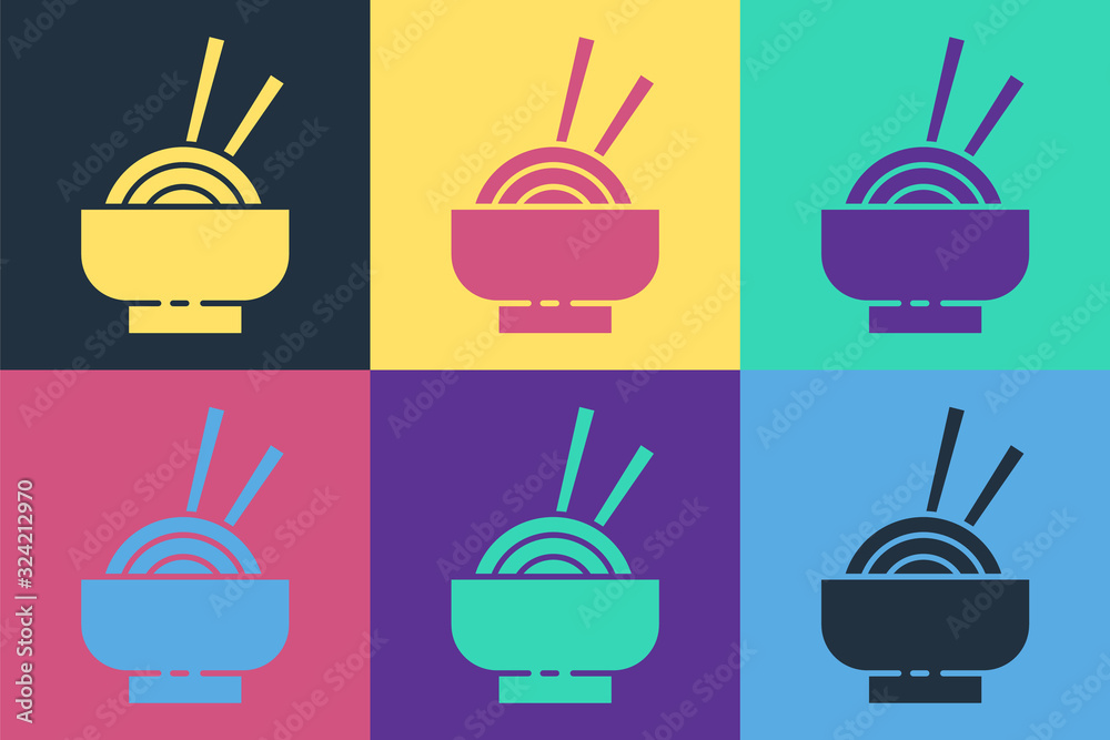 Pop art Asian noodles in bowl and chopsticks icon isolated on color background. Street fast food. Ko