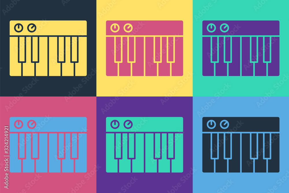 流行艺术音乐合成器图标隔离在彩色背景上。电子钢琴。矢量插图