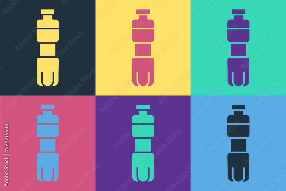 彩色背景上隔离的波普艺术水瓶图标。苏打水饮料标志。矢量插图