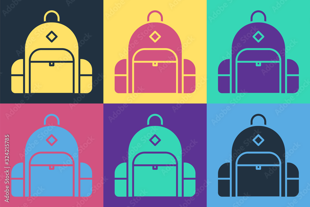 Pop art Hiking backpack icon isolated on color background. Camping and mountain exploring backpack. 